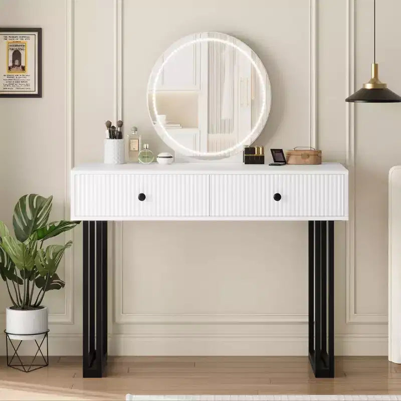GustoWave Vanity Desk with Mirror and Lights, Makeup Vanity with 2 Drawers, Vanity Organizer with 3 Color LightsAdjustable Brightness, Dressing Table