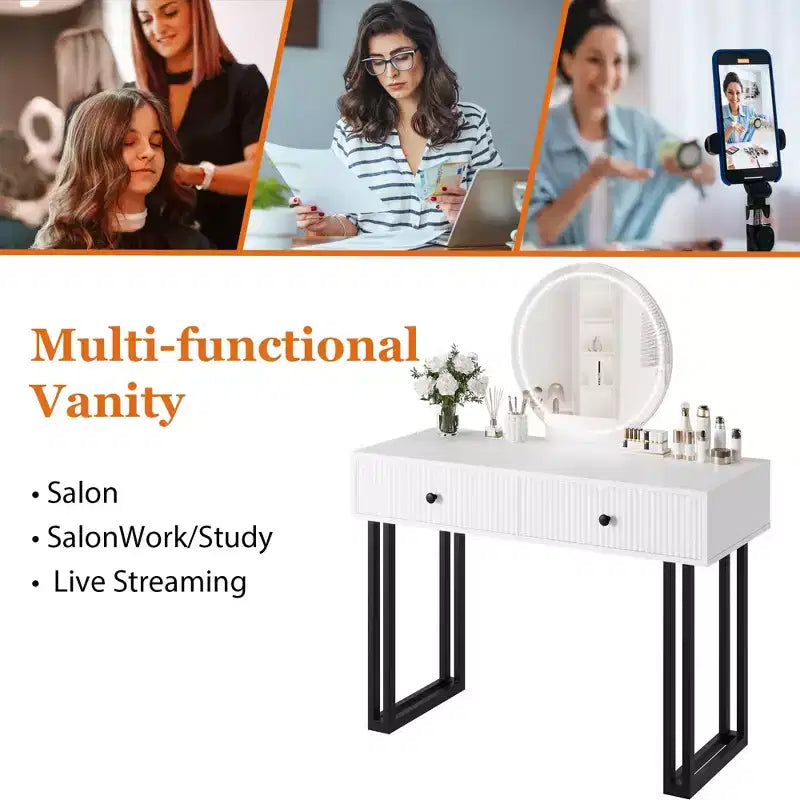 GustoWave Vanity Desk with Mirror and Lights, Makeup Vanity with 2 Drawers, Vanity Organizer with 3 Color LightsAdjustable Brightness, Dressing Table