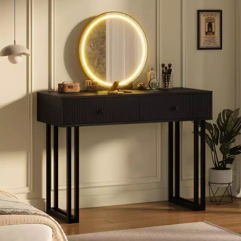 GustoWave Vanity Desk with Mirror and Lights, Makeup Vanity with 2 Drawers, Vanity Organizer with 3 Color LightsAdjustable Brightness, Dressing Table