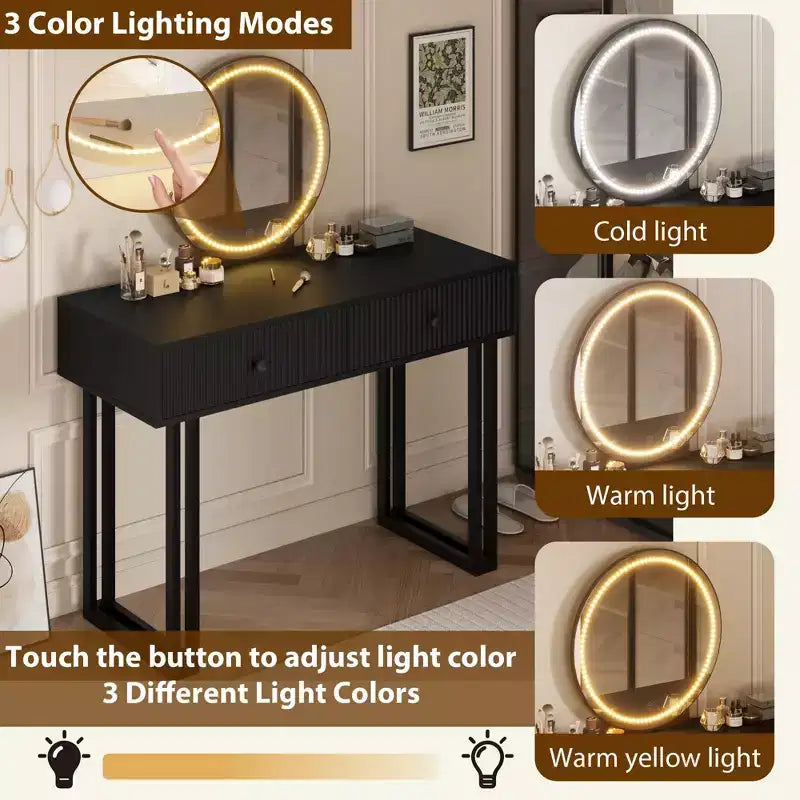 GustoWave Vanity Desk with Mirror and Lights, Makeup Vanity with 2 Drawers, Vanity Organizer with 3 Color LightsAdjustable Brightness, Dressing Table