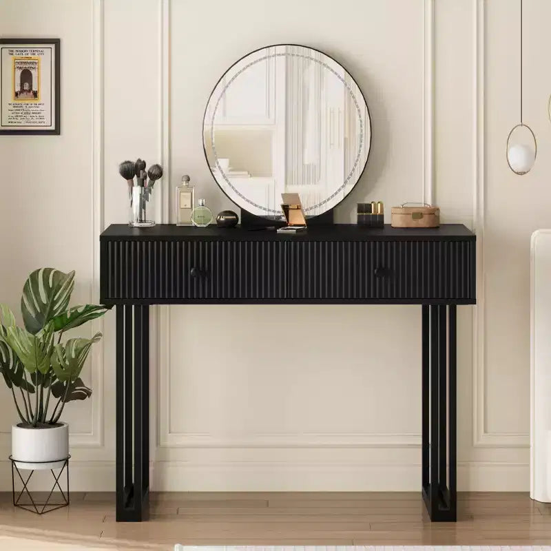 GustoWave Vanity Desk with Mirror and Lights, Makeup Vanity with 2 Drawers, Vanity Organizer with 3 Color LightsAdjustable Brightness, Dressing Table
