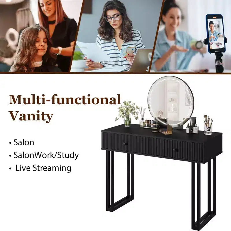 GustoWave Vanity Desk with Mirror and Lights, Makeup Vanity with 2 Drawers, Vanity Organizer with 3 Color LightsAdjustable Brightness, Dressing Table