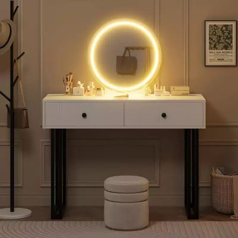 GustoWave Vanity Desk with Mirror and Lights, Makeup Vanity with 2 Drawers, Vanity Organizer with 3 Color LightsAdjustable Brightness, Dressing Table