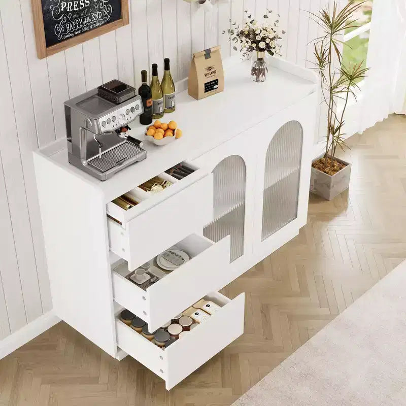 Wood Composite Sideboard Long Rainbow Glass Dining Cabinet with Durable Wood Composite, Elegant Glass Design, Spacious Storage, Modern Style