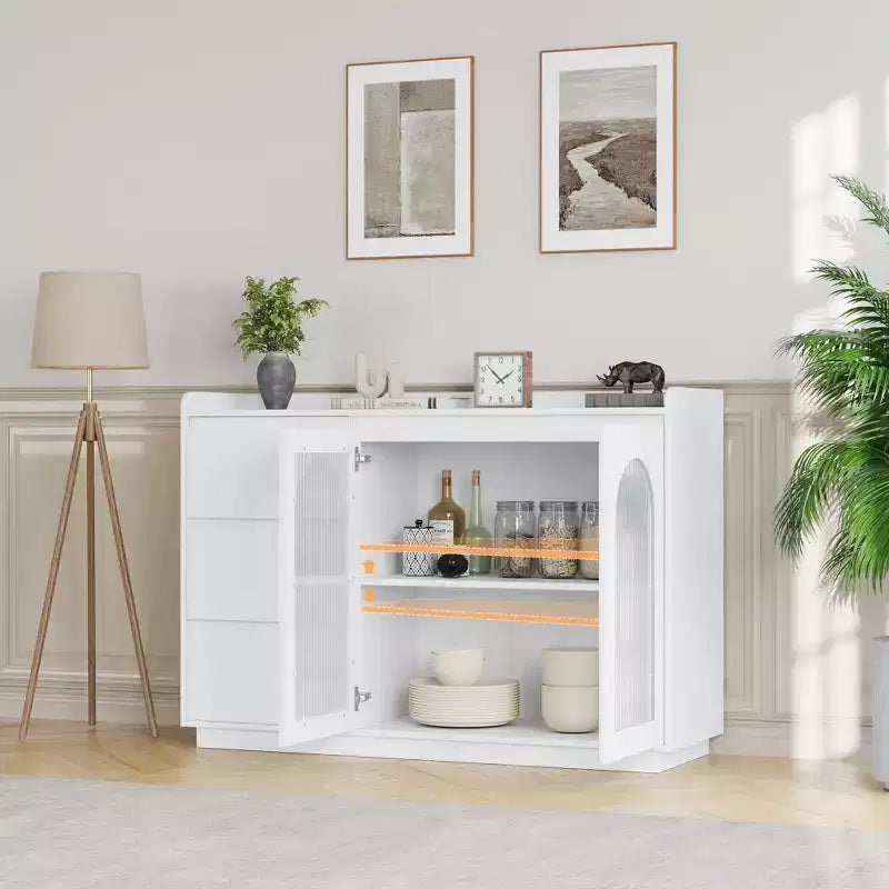Wood Composite Sideboard Long Rainbow Glass Dining Cabinet with Durable Wood Composite, Elegant Glass Design, Spacious Storage, Modern Style
