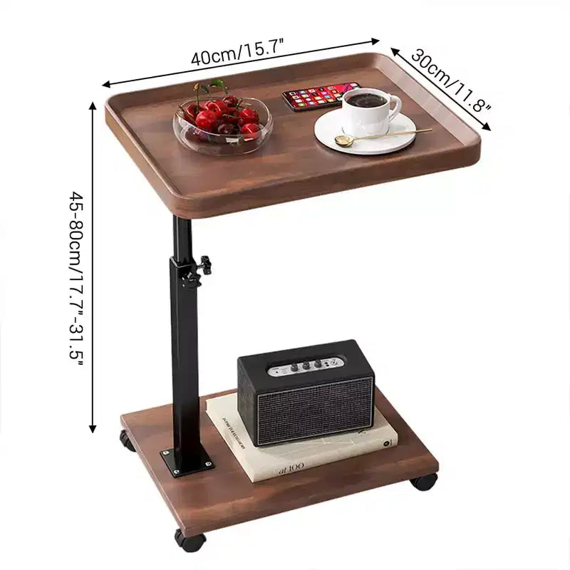 Table d'appoint réglable avec roulettes - Table d'appoint en C pivotante à 360 degrés pour canapé (plateau en bois)