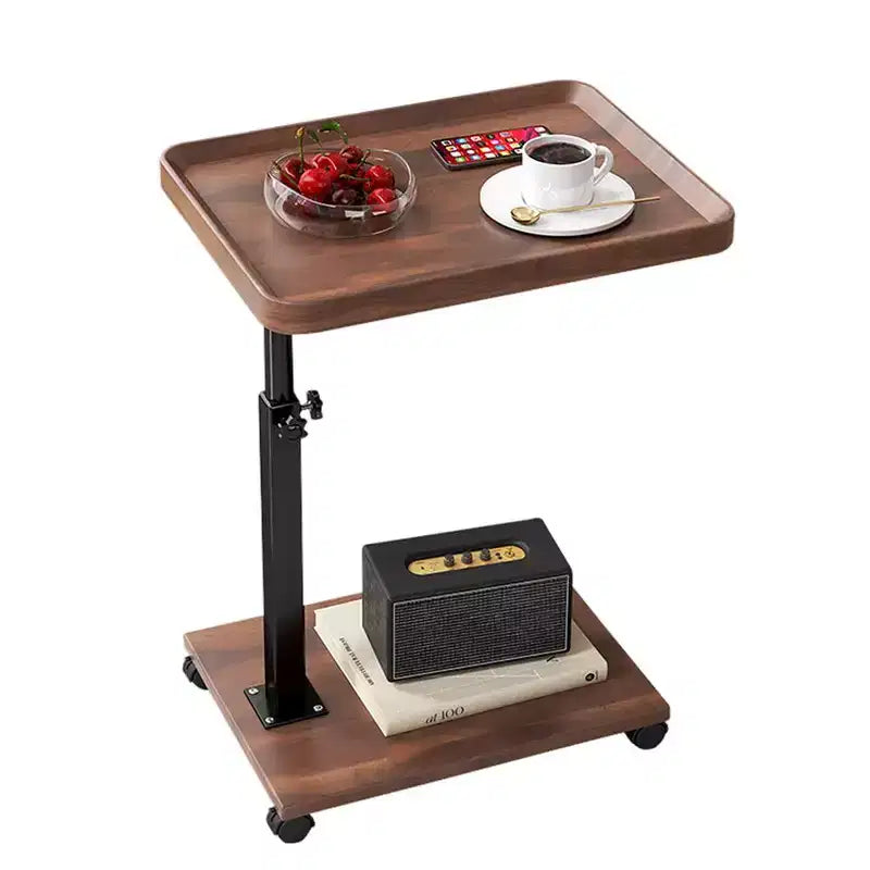 Table d'appoint réglable avec roulettes - Table d'appoint en C pivotante à 360 degrés pour canapé (plateau en bois)