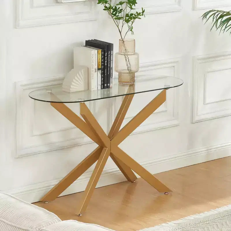 Modern Geometric Glass Console Table with Metal Tubular Legs