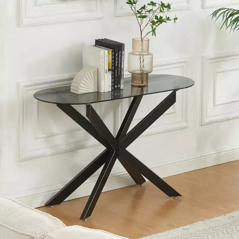 Modern Geometric Glass Console Table with Metal Tubular Legs
