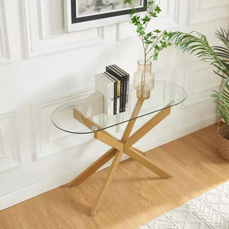 Modern Geometric Glass Console Table with Metal Tubular Legs