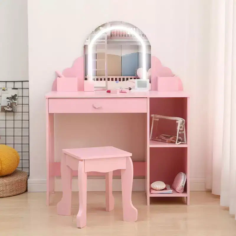 Kids Vanity with Lighted Mirror & Stool, 2 In 1 Makeup Vanity with Storage Drawer & Shelves for Girls 3-9