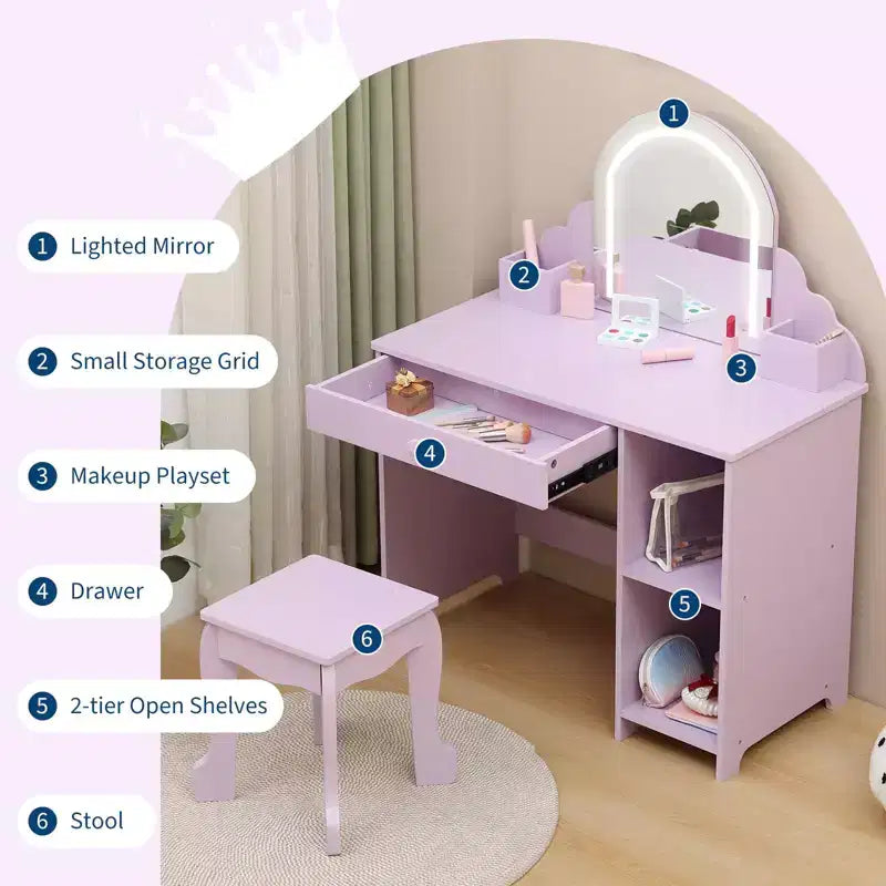 Kids Vanity with Lighted Mirror & Stool, 2 In 1 Makeup Vanity with Storage Drawer & Shelves for Girls 3-9