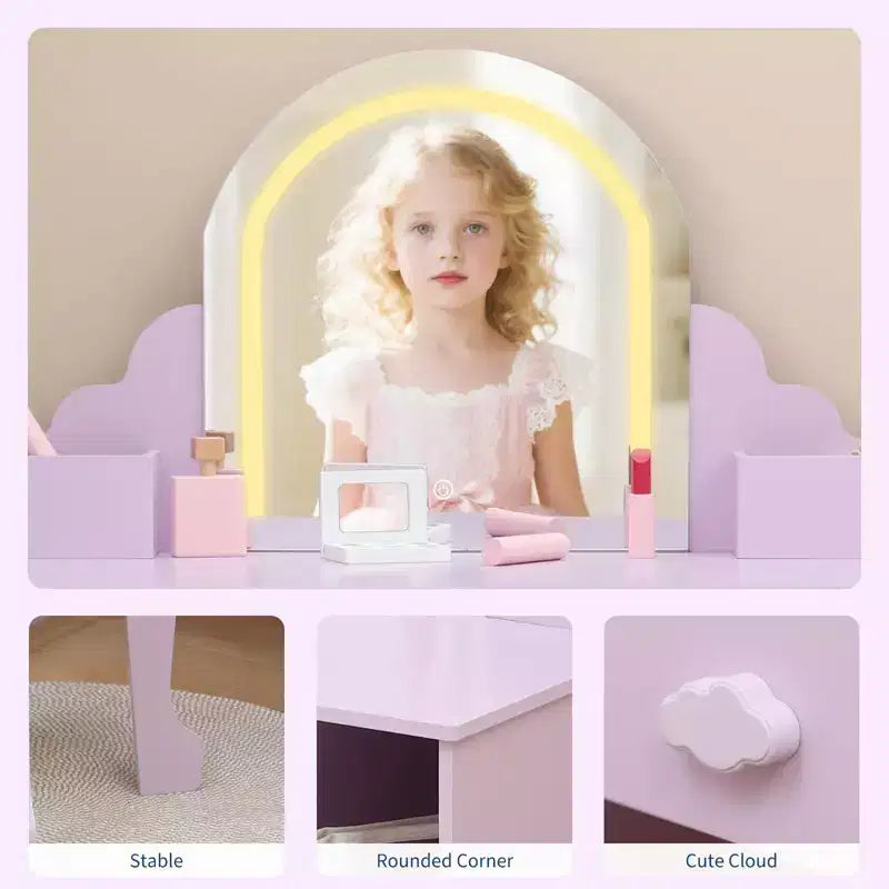 Kids Vanity with Lighted Mirror & Stool, 2 In 1 Makeup Vanity with Storage Drawer & Shelves for Girls 3-9
