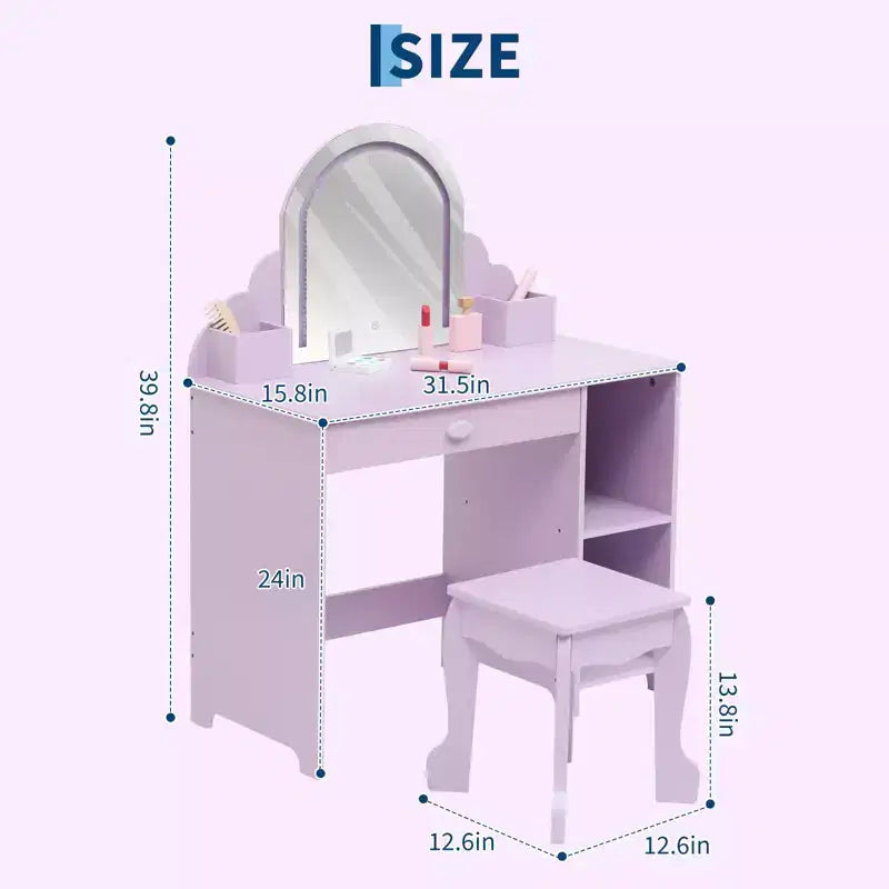Kids Vanity with Lighted Mirror & Stool, 2 In 1 Makeup Vanity with Storage Drawer & Shelves for Girls 3-9