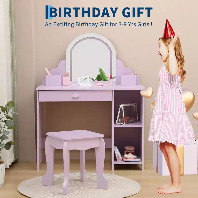 Kids Vanity with Lighted Mirror & Stool, 2 In 1 Makeup Vanity with Storage Drawer & Shelves for Girls 3-9
