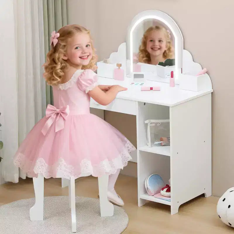 Kids Vanity with Lighted Mirror & Stool, 2 In 1 Makeup Vanity with Storage Drawer & Shelves for Girls 3-9