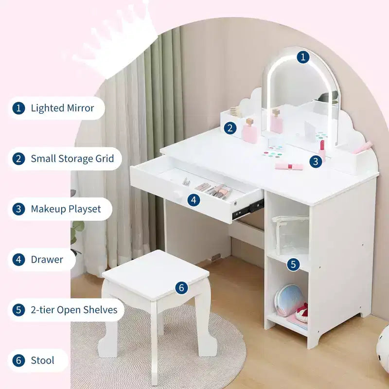 Kids Vanity with Lighted Mirror & Stool, 2 In 1 Makeup Vanity with Storage Drawer & Shelves for Girls 3-9