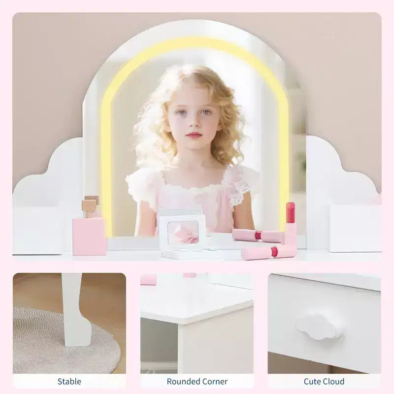 Kids Vanity with Lighted Mirror & Stool, 2 In 1 Makeup Vanity with Storage Drawer & Shelves for Girls 3-9