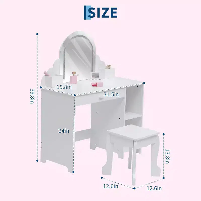 Kids Vanity with Lighted Mirror & Stool, 2 In 1 Makeup Vanity with Storage Drawer & Shelves for Girls 3-9