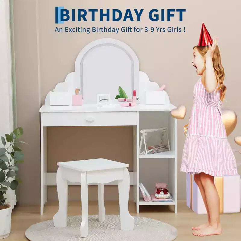 Kids Vanity with Lighted Mirror & Stool, 2 In 1 Makeup Vanity with Storage Drawer & Shelves for Girls 3-9