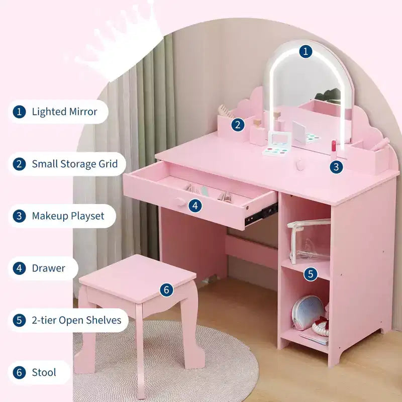Kids Vanity with Lighted Mirror & Stool, 2 In 1 Makeup Vanity with Storage Drawer & Shelves for Girls 3-9