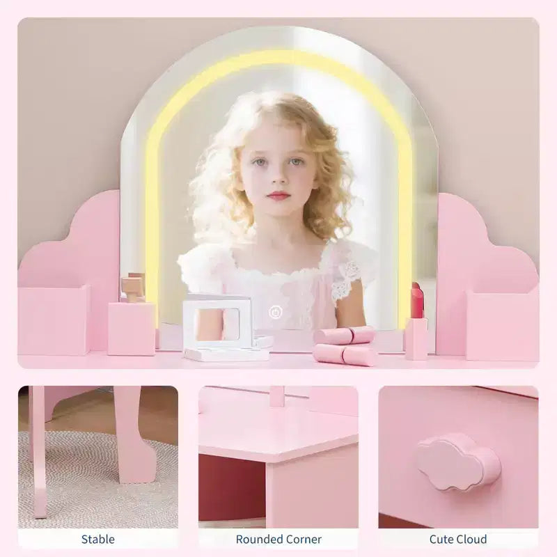 Kids Vanity with Lighted Mirror & Stool, 2 In 1 Makeup Vanity with Storage Drawer & Shelves for Girls 3-9