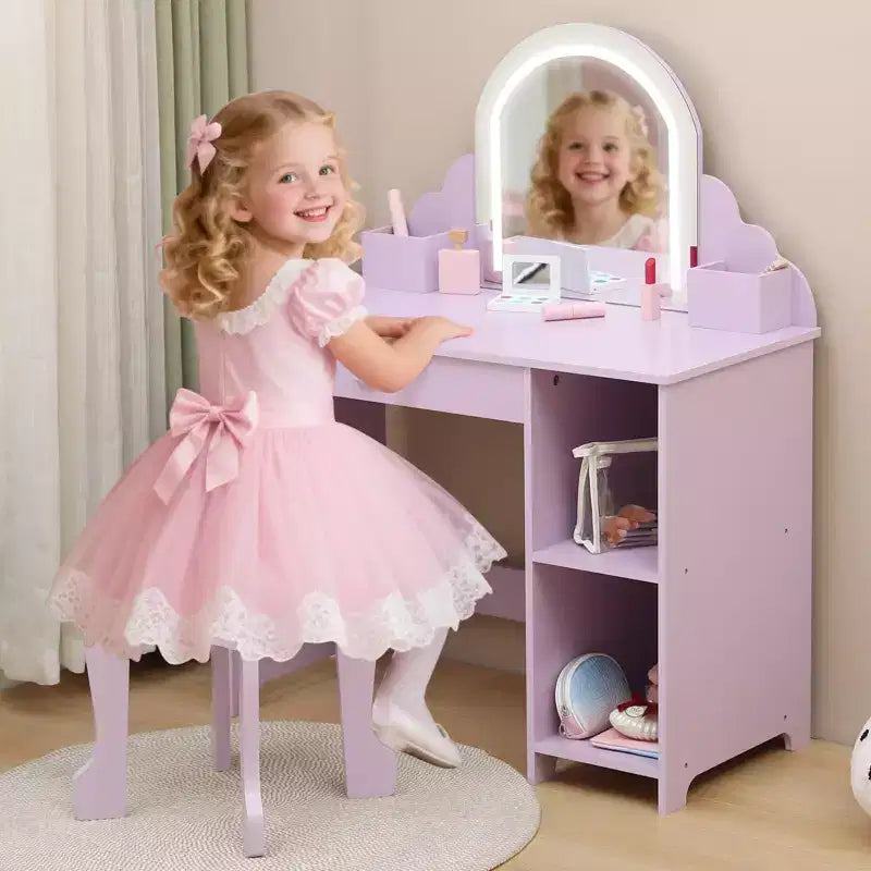 Kids Vanity with Lighted Mirror & Stool, 2 In 1 Makeup Vanity with Storage Drawer & Shelves for Girls 3-9
