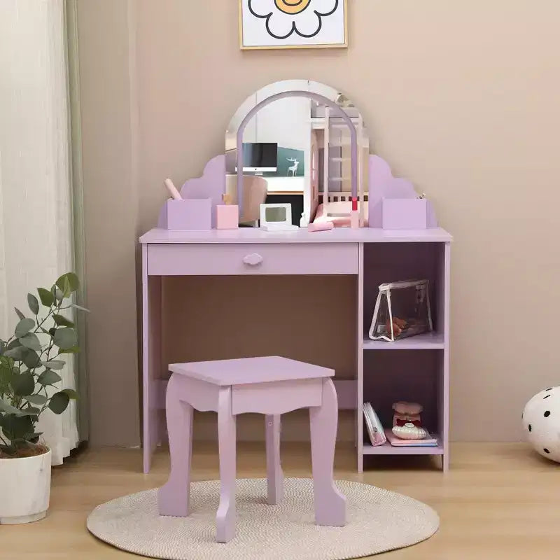 Kids Vanity with Lighted Mirror & Stool, 2 In 1 Makeup Vanity with Storage Drawer & Shelves for Girls 3-9