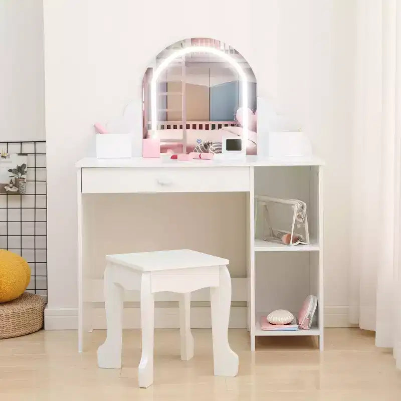 Kids Vanity with Lighted Mirror & Stool, 2 In 1 Makeup Vanity with Storage Drawer & Shelves for Girls 3-9
