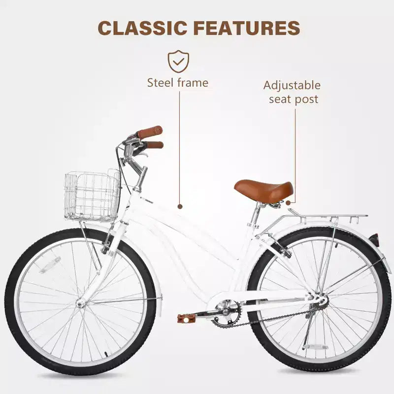 hykolity 26 inch Cruiser Bike Beach Bicycle City Bike Commuter Cycling for Adult Women Height 60-72 inch Front Basket Rear Rack Pale White