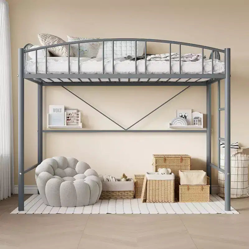 Acekool Lit Mezzanine Jumeau avec Échelle de Sécurité et Garde-corps Cintrée, Cadre en Métal, Gain de Place, Conception Silencieuse