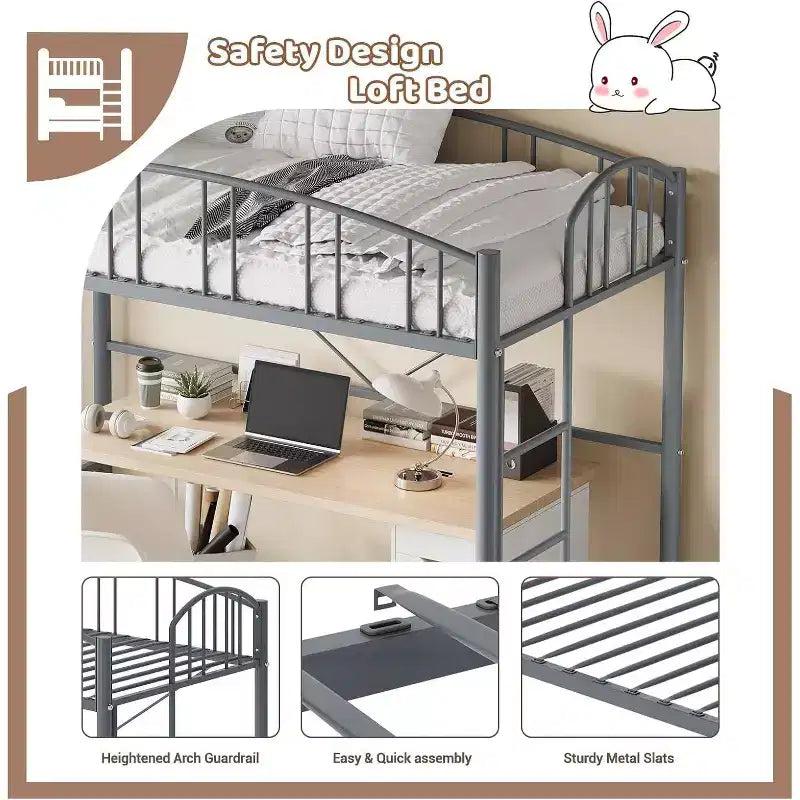 Acekool Lit Mezzanine Jumeau avec Échelle de Sécurité et Garde-corps Cintrée, Cadre en Métal, Gain de Place, Conception Silencieuse
