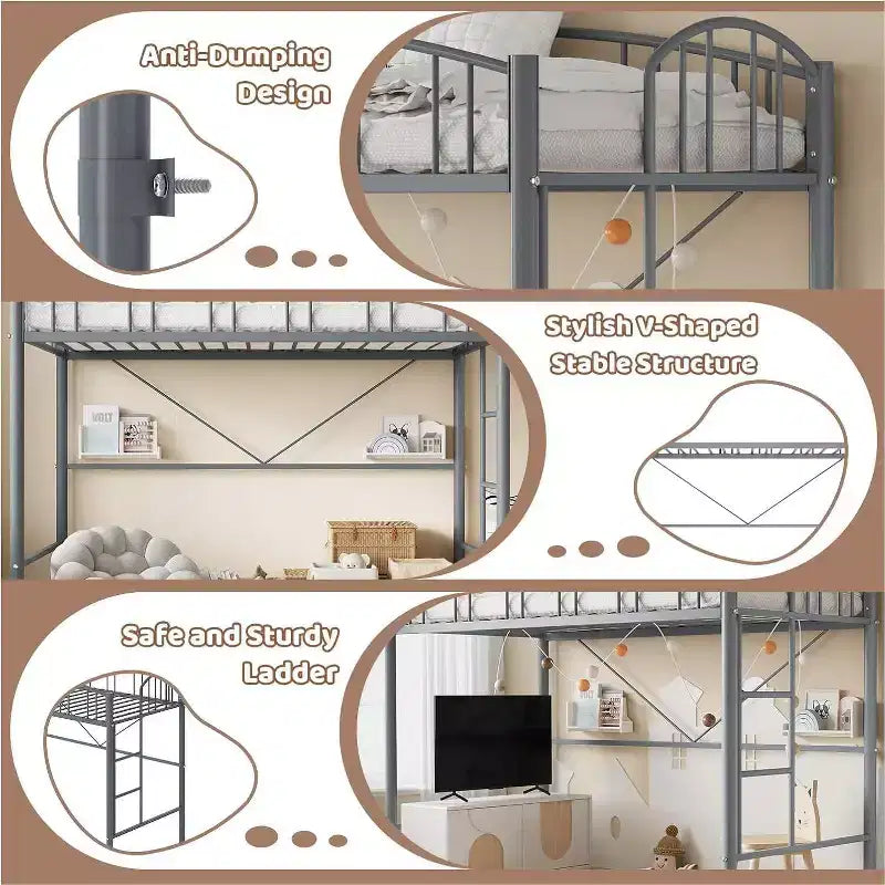 Acekool Lit Mezzanine Jumeau avec Échelle de Sécurité et Garde-corps Cintrée, Cadre en Métal, Gain de Place, Conception Silencieuse