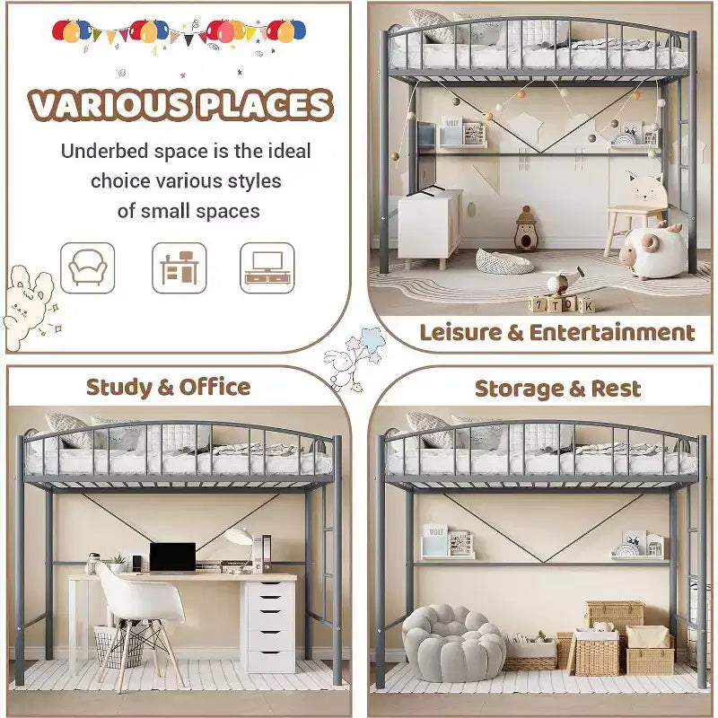 Acekool Lit Mezzanine Jumeau avec Échelle de Sécurité et Garde-corps Cintrée, Cadre en Métal, Gain de Place, Conception Silencieuse