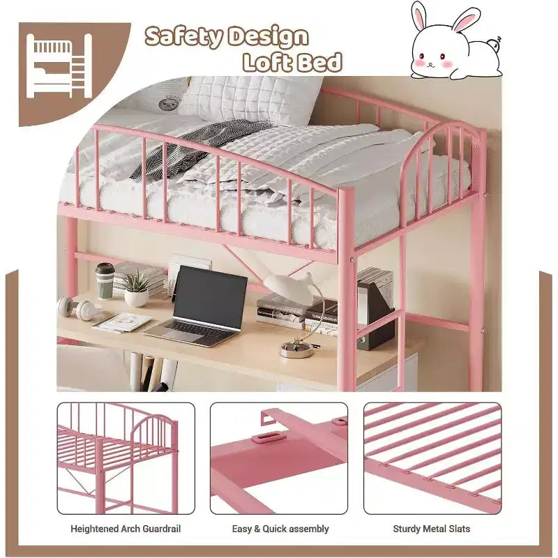 Acekool Lit Mezzanine Jumeau avec Échelle de Sécurité et Garde-corps Cintrée, Cadre en Métal, Gain de Place, Conception Silencieuse