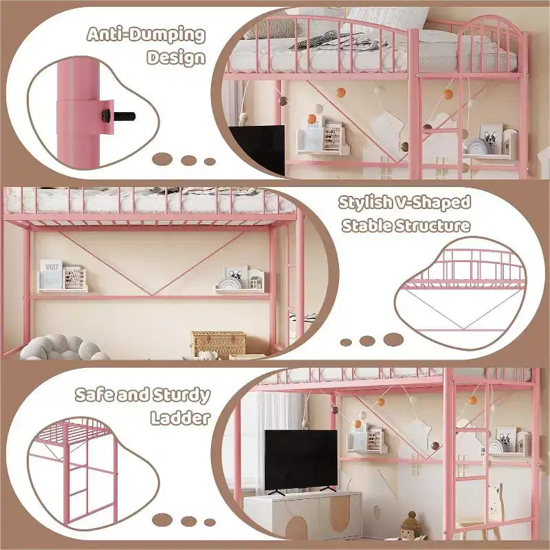 Acekool Lit Mezzanine Jumeau avec Échelle de Sécurité et Garde-corps Cintrée, Cadre en Métal, Gain de Place, Conception Silencieuse