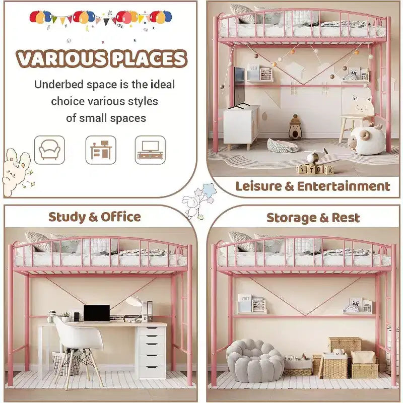 Acekool Lit Mezzanine Jumeau avec Échelle de Sécurité et Garde-corps Cintrée, Cadre en Métal, Gain de Place, Conception Silencieuse