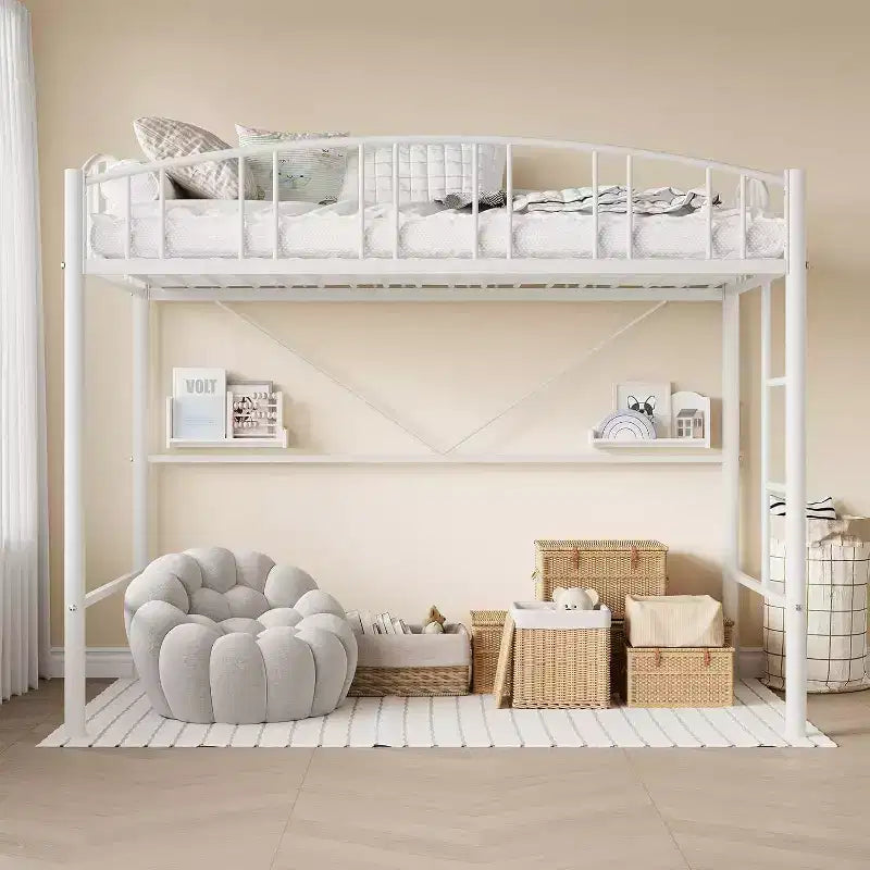 Acekool Lit Mezzanine Jumeau avec Échelle de Sécurité et Garde-corps Cintrée, Cadre en Métal, Gain de Place, Conception Silencieuse