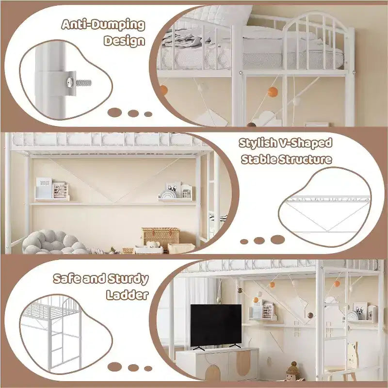 Acekool Lit Mezzanine Jumeau avec Échelle de Sécurité et Garde-corps Cintrée, Cadre en Métal, Gain de Place, Conception Silencieuse