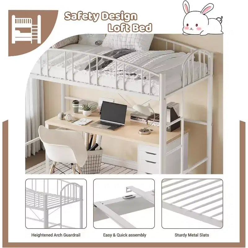 Acekool Lit Mezzanine Jumeau avec Échelle de Sécurité et Garde-corps Cintrée, Cadre en Métal, Gain de Place, Conception Silencieuse