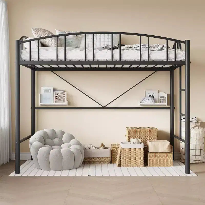 Acekool Lit Mezzanine Jumeau avec Échelle de Sécurité et Garde-corps Cintrée, Cadre en Métal, Gain de Place, Conception Silencieuse