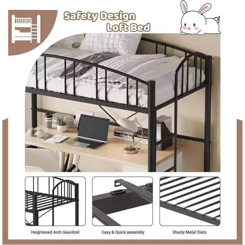 Acekool Twin Loft Bed Frame with Safety Ladder and Arched Guardrail, Metal Frame, Space-Saving, Quiet Design