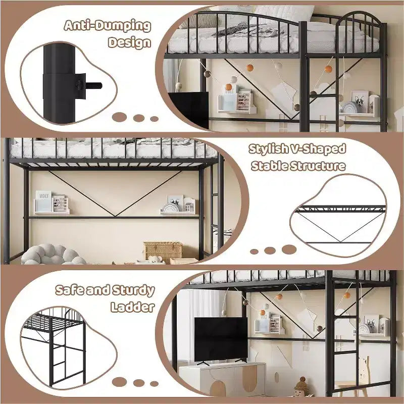 Acekool Lit Mezzanine Jumeau avec Échelle de Sécurité et Garde-corps Cintrée, Cadre en Métal, Gain de Place, Conception Silencieuse