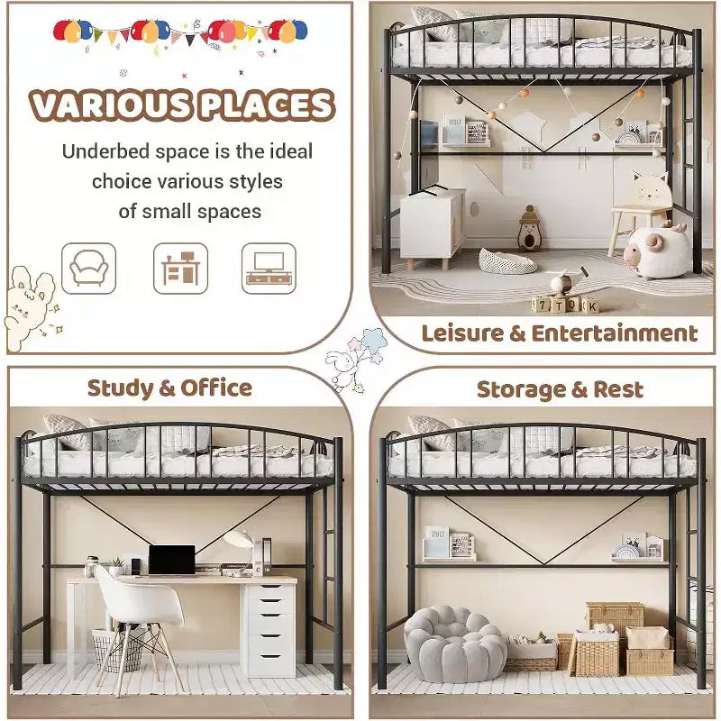 Acekool Lit Mezzanine Jumeau avec Échelle de Sécurité et Garde-corps Cintrée, Cadre en Métal, Gain de Place, Conception Silencieuse