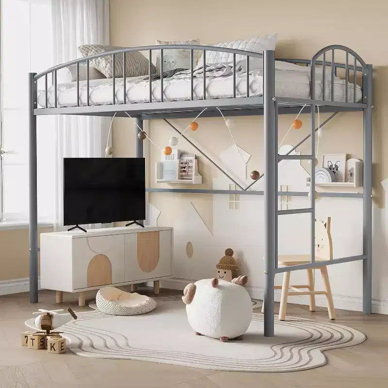 Acekool Twin Loft Bed Frame with Safety Ladder and Arched Guardrail, Metal Frame, Space-Saving, Quiet Design
