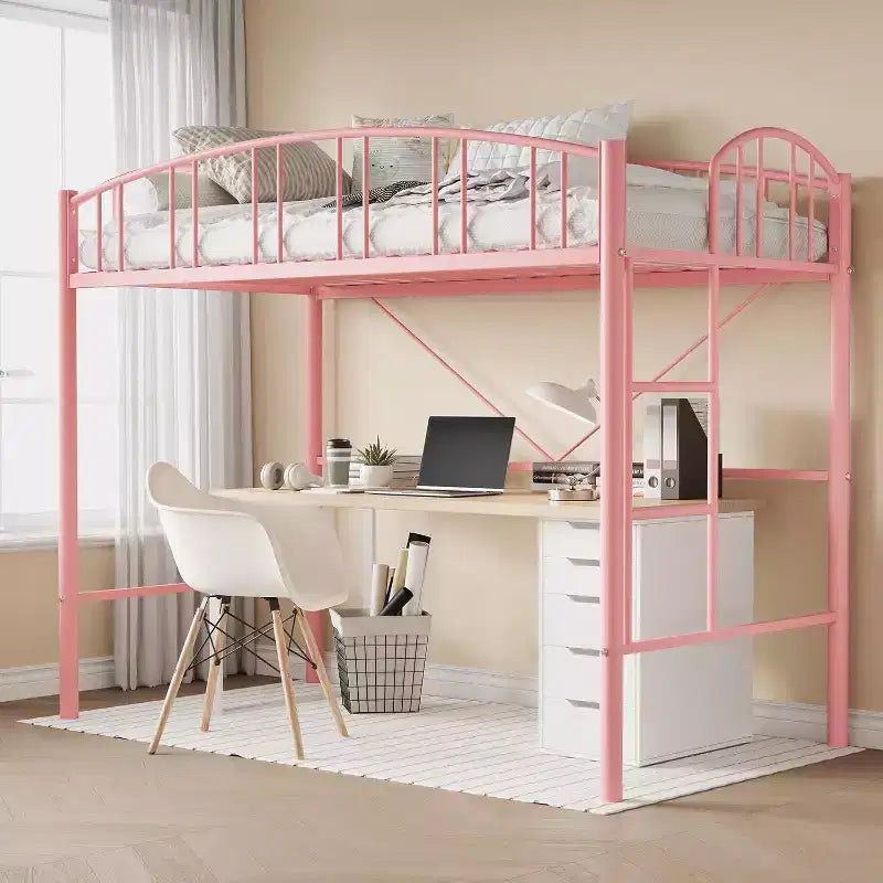 Acekool Twin Loft Bed Frame with Safety Ladder and Arched Guardrail, Metal Frame, Space-Saving, Quiet Design