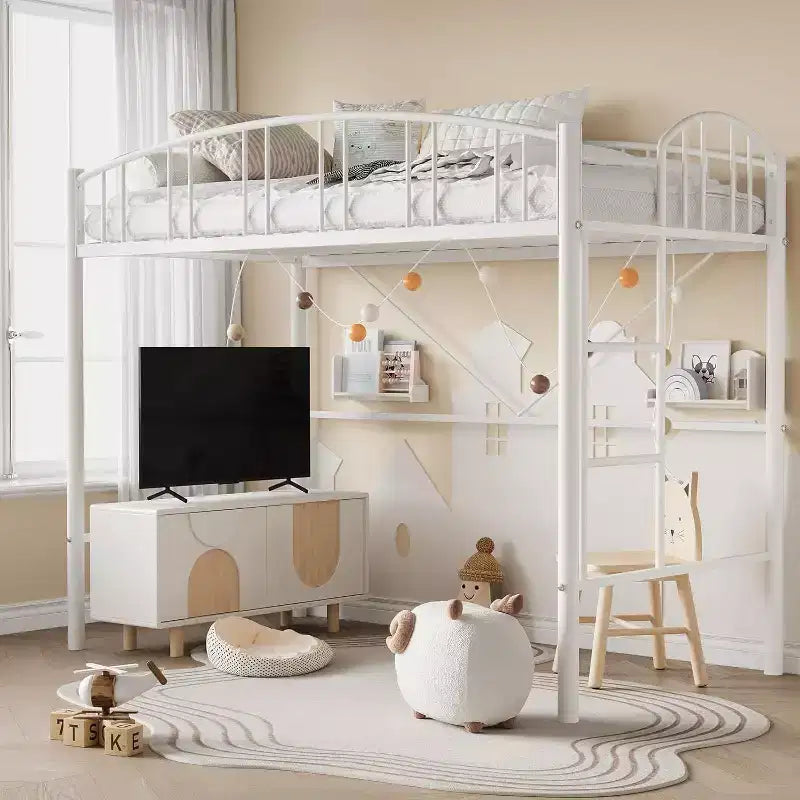 Acekool Twin Loft Bed Frame with Safety Ladder and Arched Guardrail, Metal Frame, Space-Saving, Quiet Design
