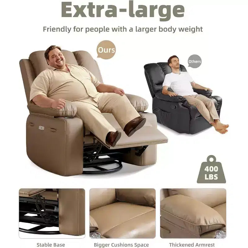 Fauteuil inclinable électrique Acekool avec chauffage et massage, fonction pivotante et bascule, port USB, porte-gobelets, poches latérales, siège extra-large, pour salon