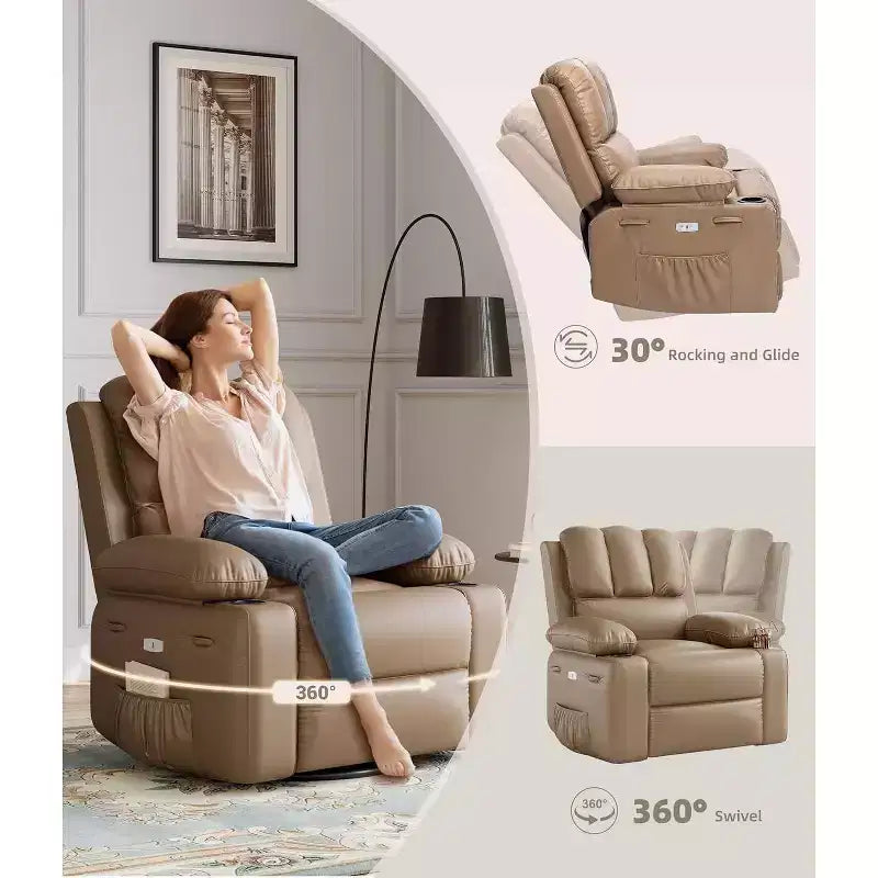Fauteuil inclinable électrique Acekool avec chauffage et massage, fonction pivotante et bascule, port USB, porte-gobelets, poches latérales, siège extra-large, pour salon