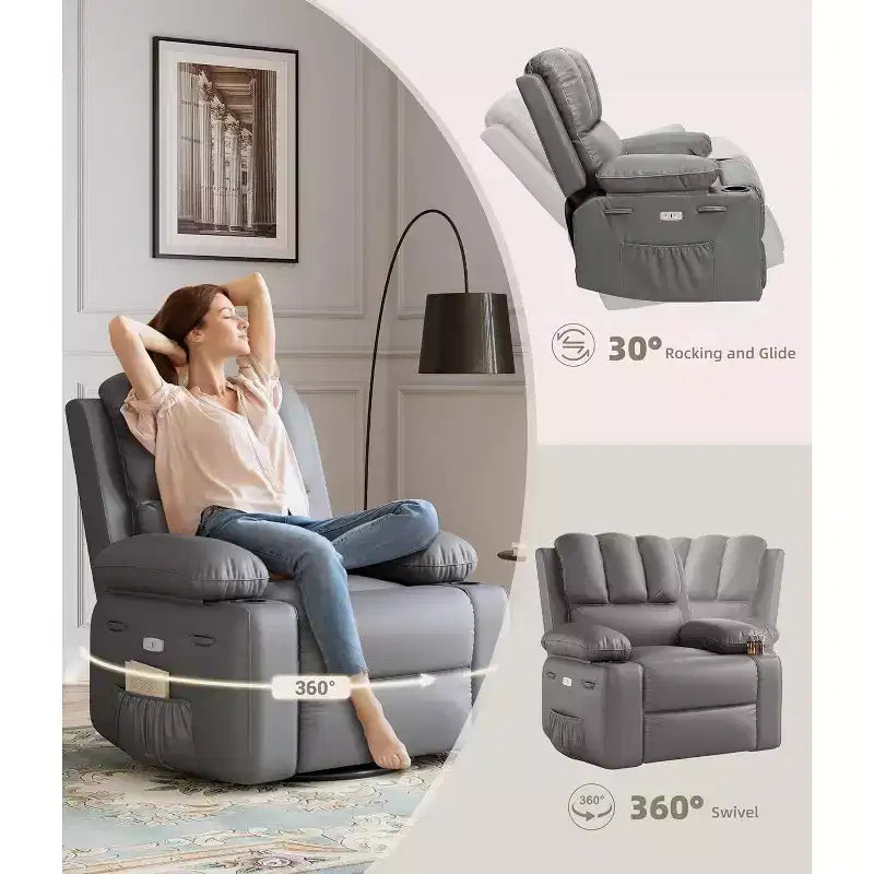 Fauteuil inclinable électrique Acekool avec chauffage et massage, fonction pivotante et bascule, port USB, porte-gobelets, poches latérales, siège extra-large, pour salon